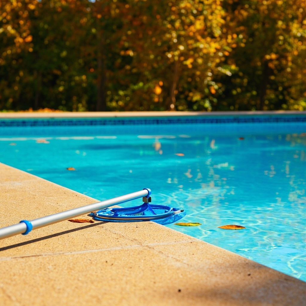 Early-fall backyard pool with blue skimmer net and telescopic pole on tan deck, trees still green and gold