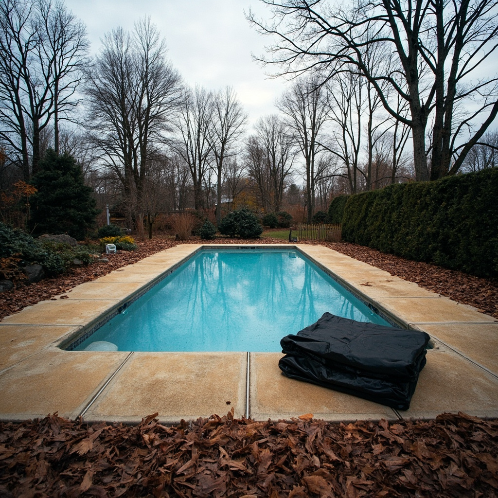 Late-fall backyard pool with cool clear water, tan deck covered with brown leaves, bare tree branches overhead