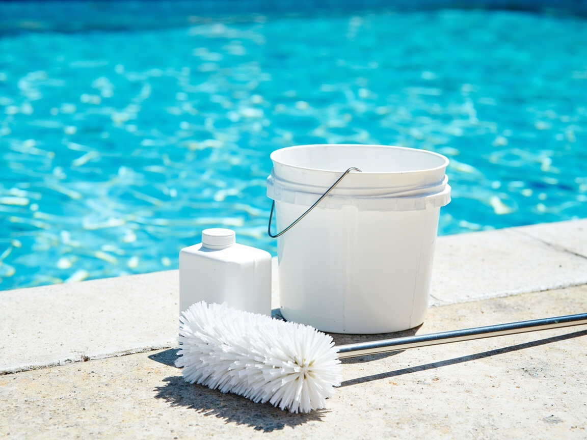 Unlabeled first-year pool essentials on deck: sealed bottle, chemical bucket, and nylon brush on a telepole