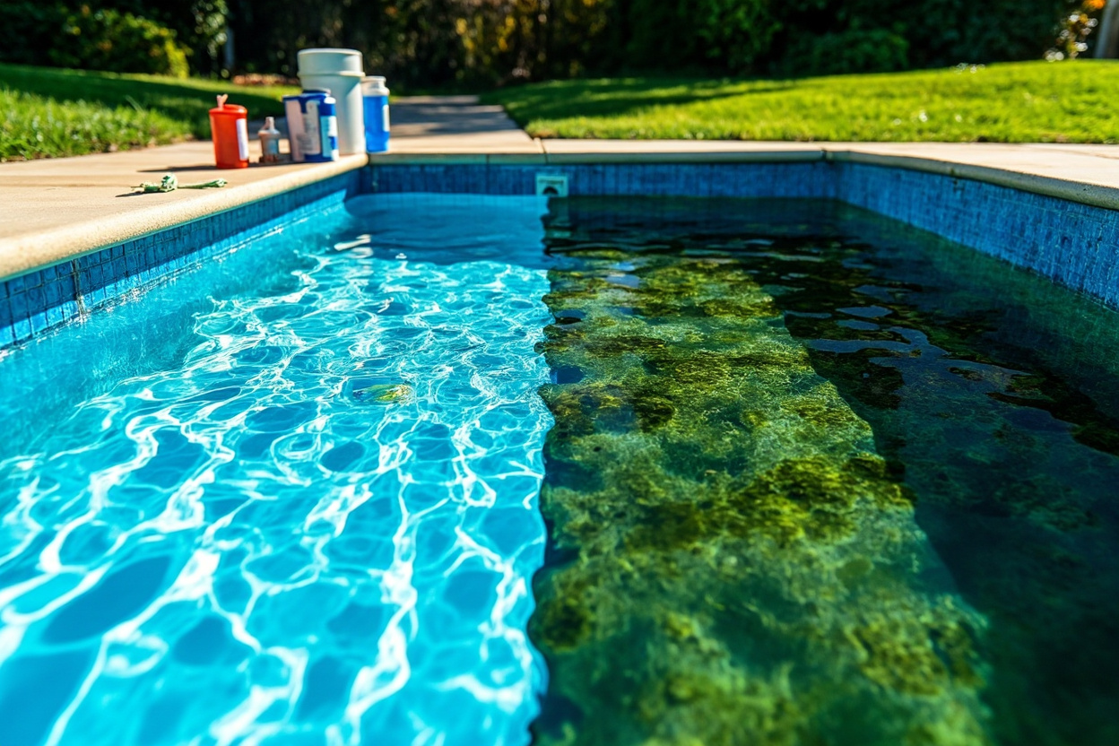 Side-by-side comparison: clear pool opened correctly versus green pool after skipping the pre-dose test