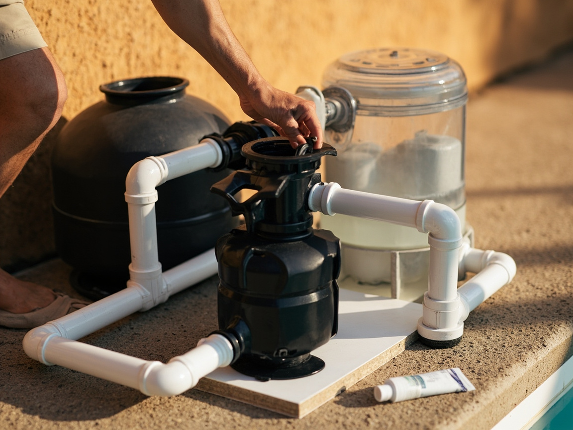 Hand reinstalling a lubricated pump lid o-ring during spring pool equipment reconnection