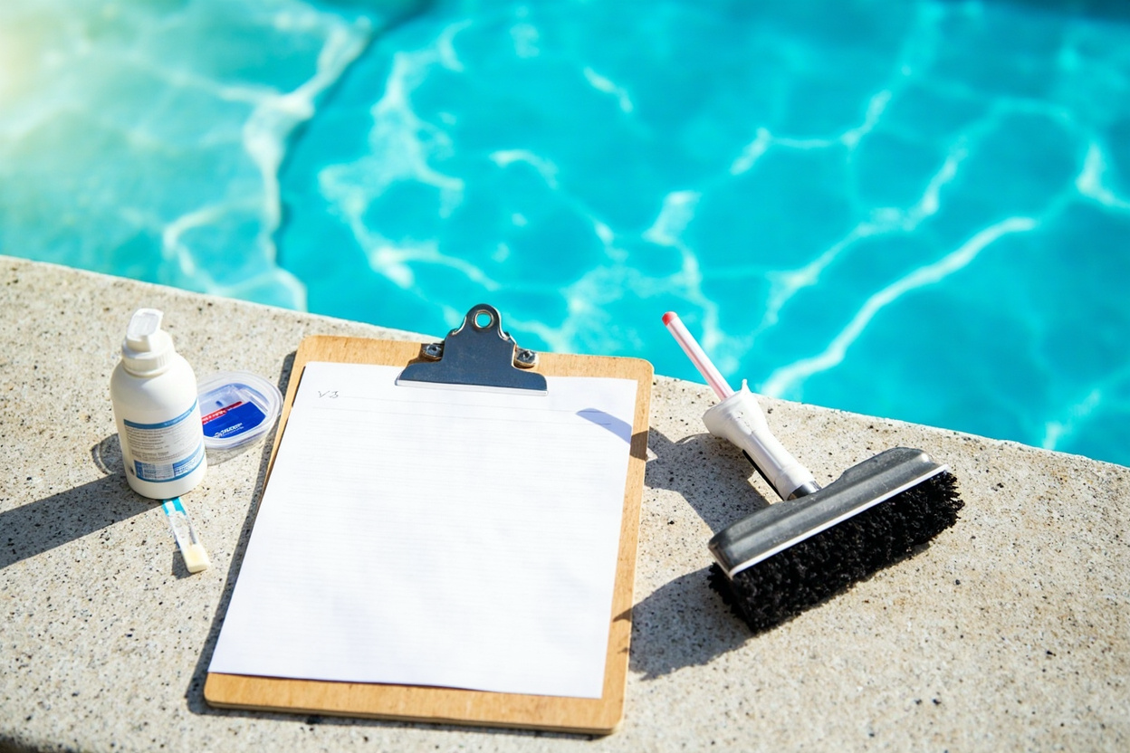 Weekly pool care checklist with clipboard and maintenance tools on pool deck