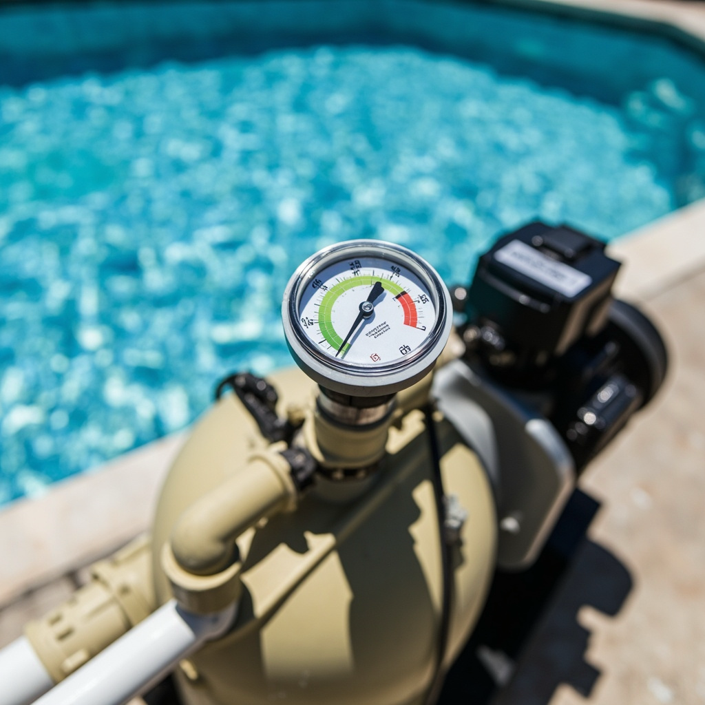 Pool filter pressure gauge showing when to backwash or clean filter
