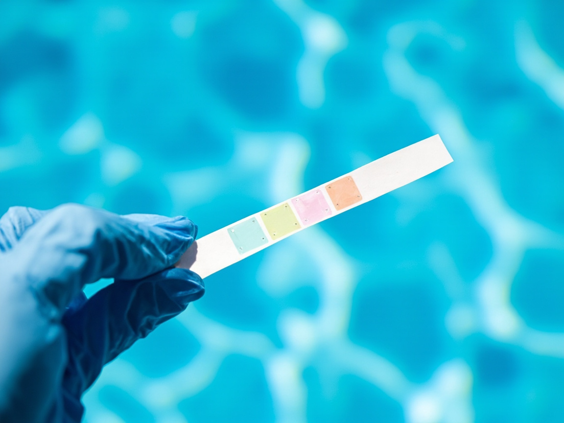 Pool test strip held in blue glove showing four reagent pads for weekly water testing