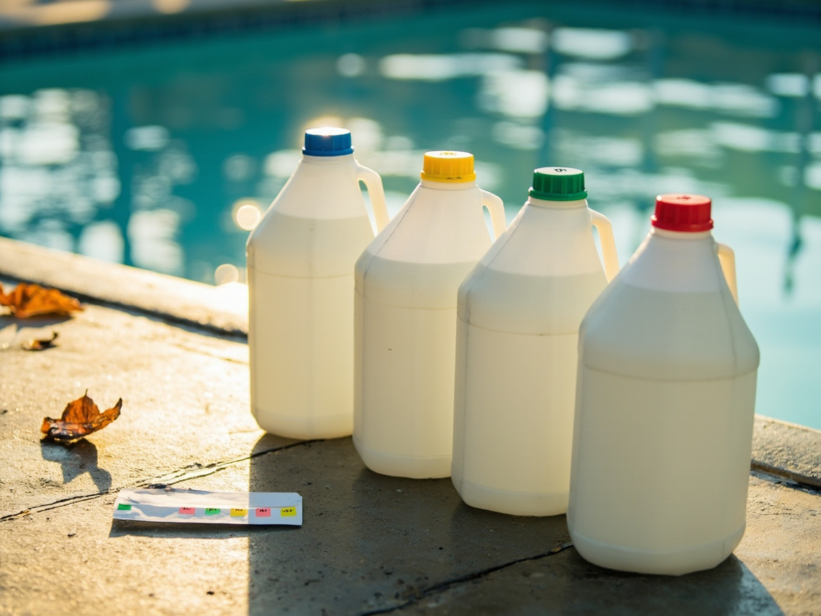 Four pool chemical bottles in order: TA, pH, shock, winter algaecide with test strips