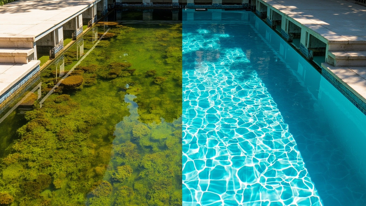 Split frame showing green algae pool with low FC versus clear sanitized pool with proper FC