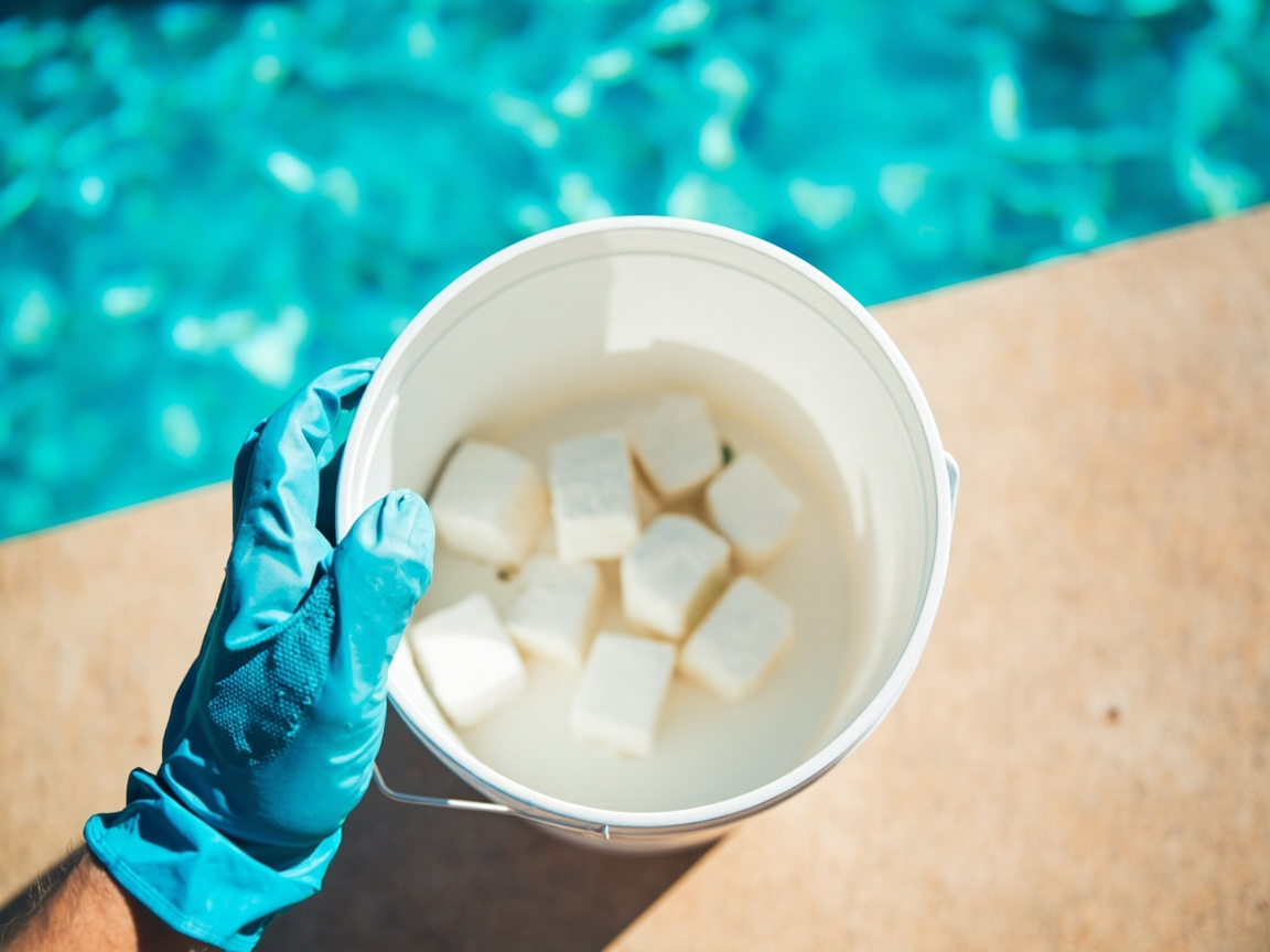 Hand with pool glove holding plain chlorine tablet bucket beside pool, with unmarked container