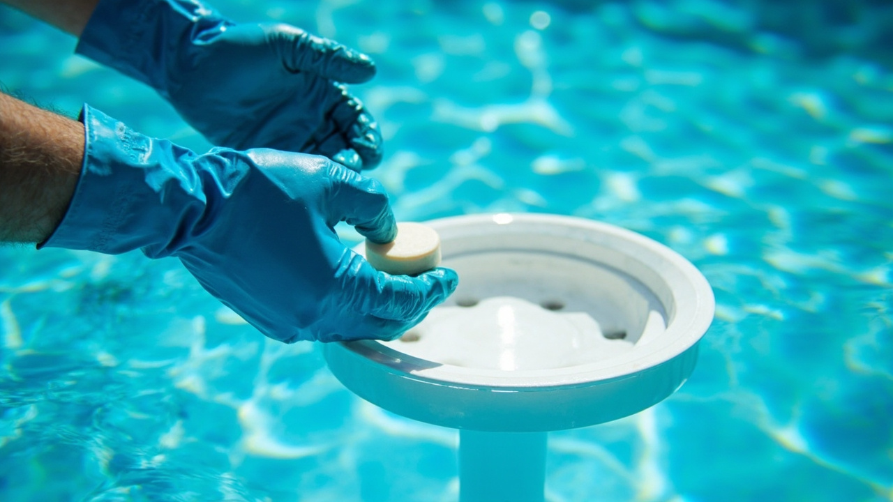 Pool owner placing chlorine tablet into floating dispenser in clear turquoise pool water
