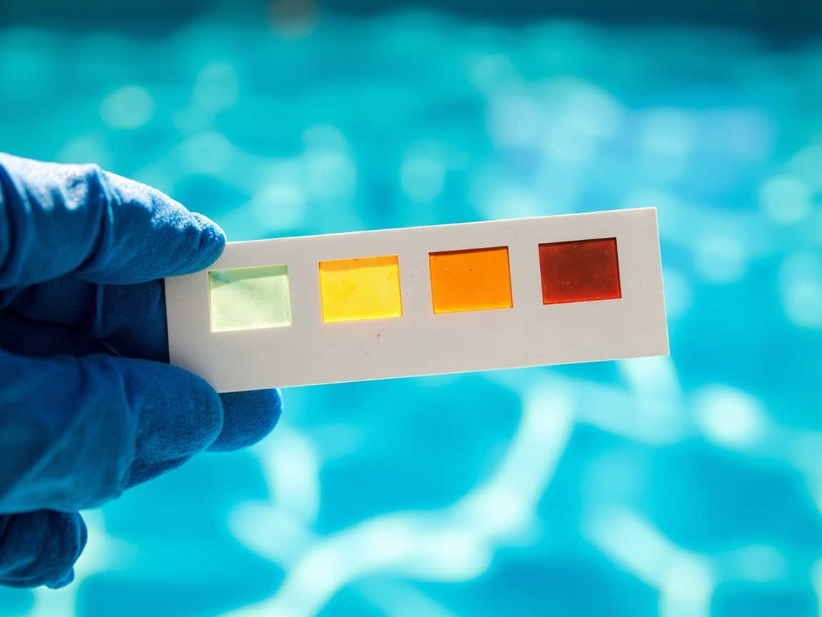 Real pool FC test strip with exactly 4 rectangular pads in blue-gloved hand, pale yellow to muted red-orange