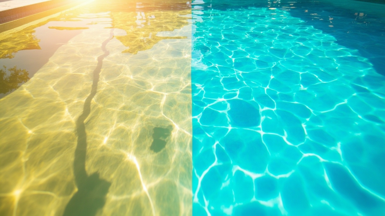 Split frame showing pool with high pH yellow-tinted water vs balanced clear turquoise water