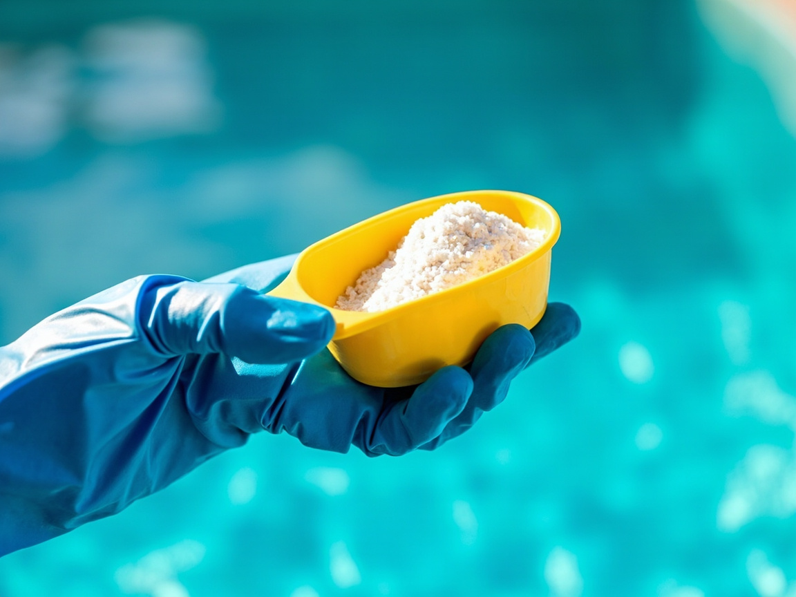 Hand with pool glove holding pH test kit container beside pool deck, professional pool maintenance