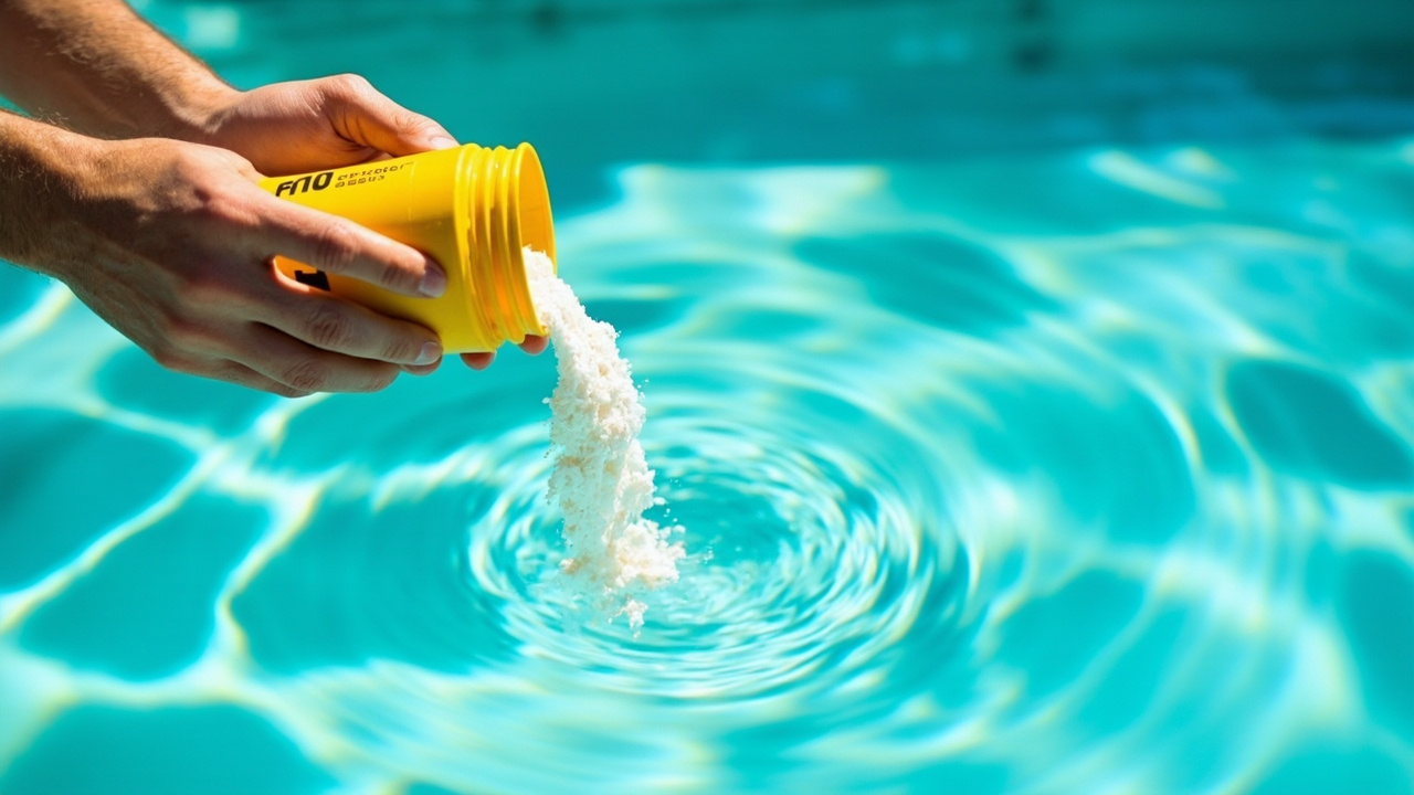 Pool owner pouring pH increaser into pool water near return jet, pump running, morning sunlight