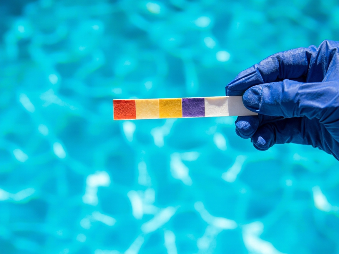 Split comparison of pool pH test strip: high pH yellow vs ideal teal-green color chart match