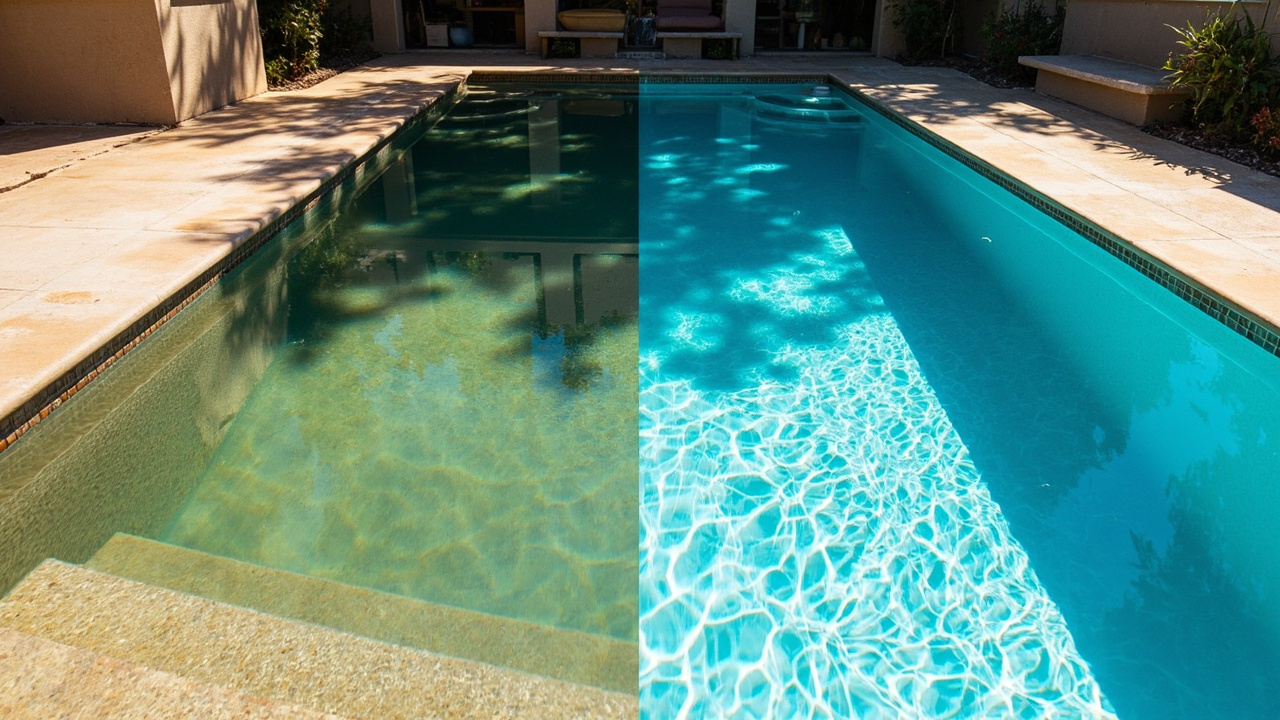 Split-frame pool shot showing green water before shock treatment on the left and clear blue water after on the right