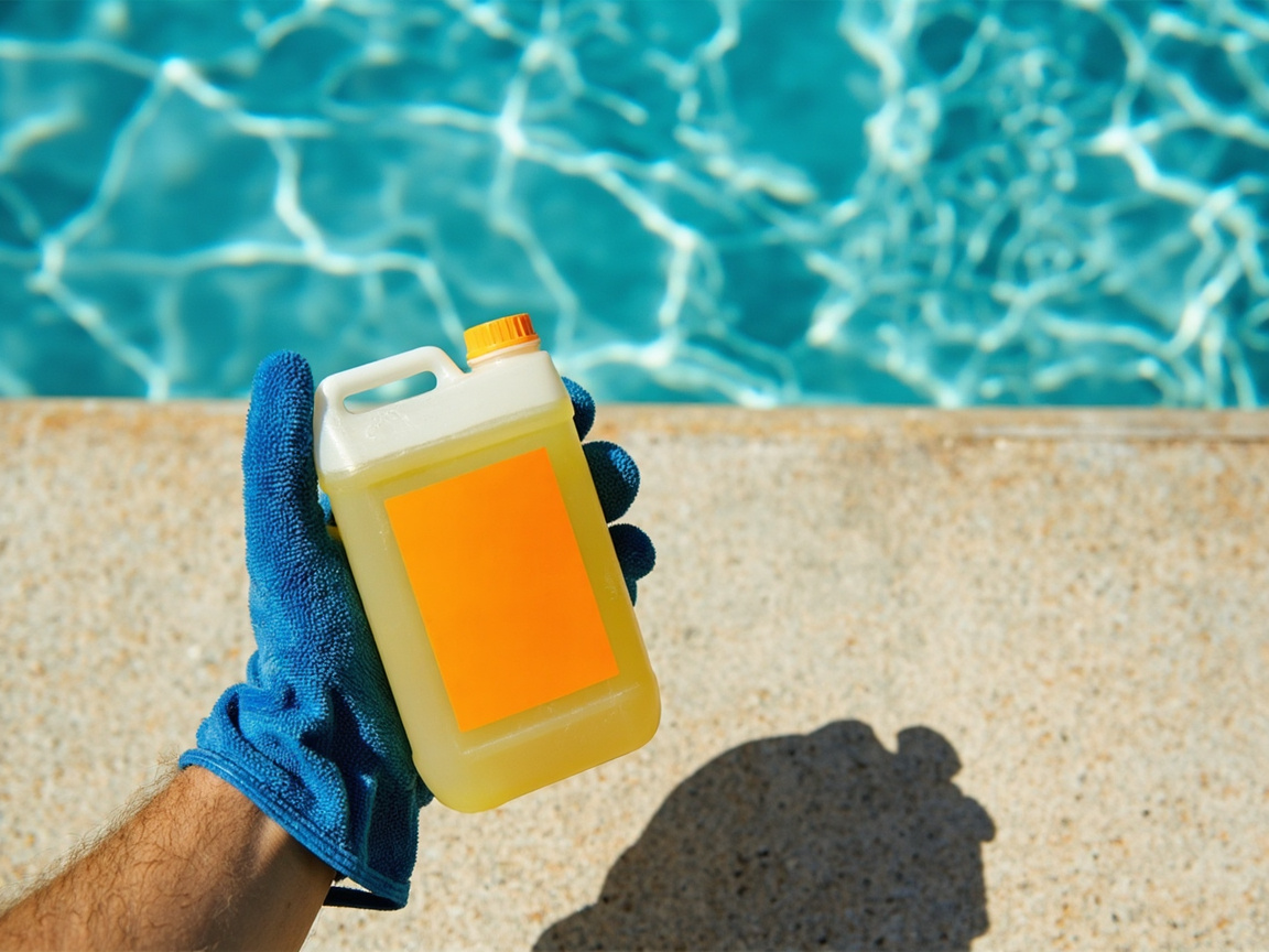 Hand in pool glove holding a cal-hypo shock container with pool water visible in the background
