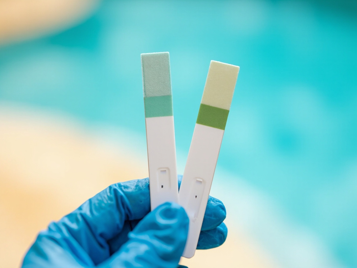 Close-up of test strip showing CYA and free chlorine readings side by side after a shock dose