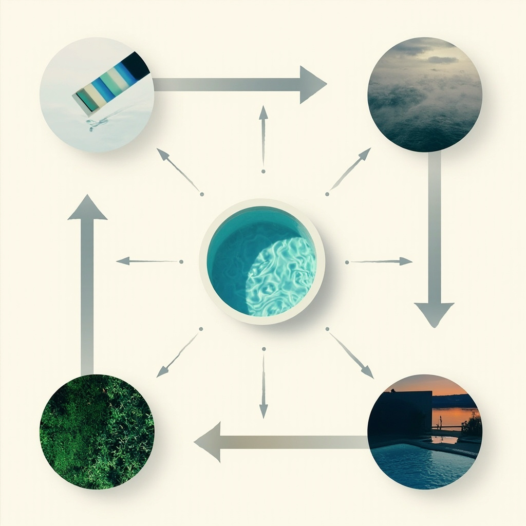 Center pool icon with arrows to four satellite scenes: high test strip, post-storm cloudy, green algae, evening pool