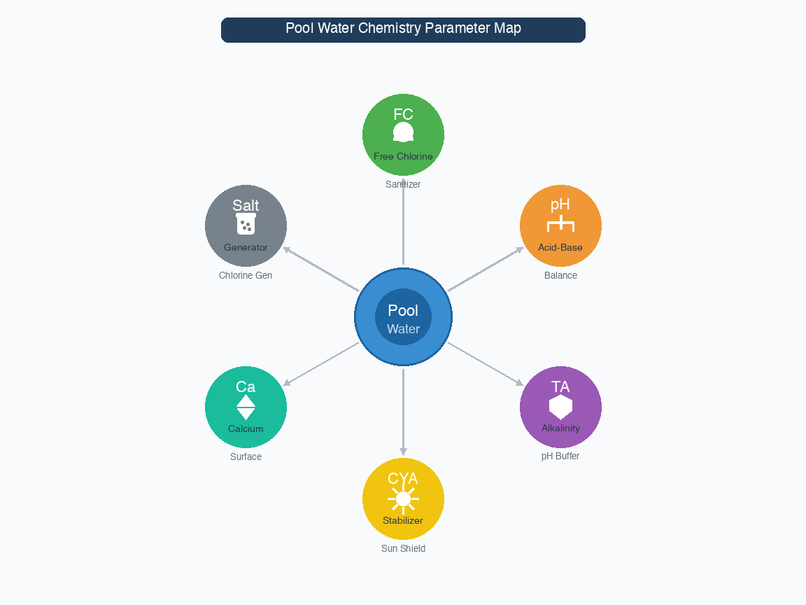 Diagram mapping free chlorine, pH, total alkalinity, CYA, calcium hardness, and salt to their roles in pool water chemistry