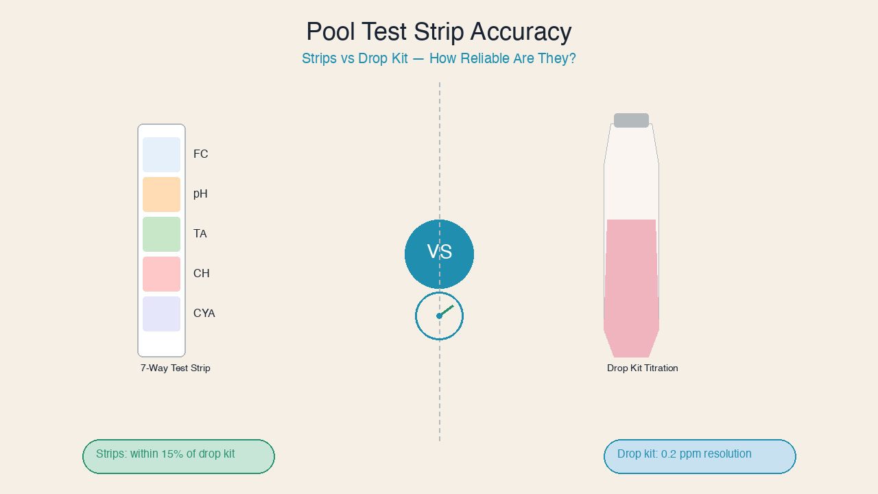 Pool test strip held up to light for reading