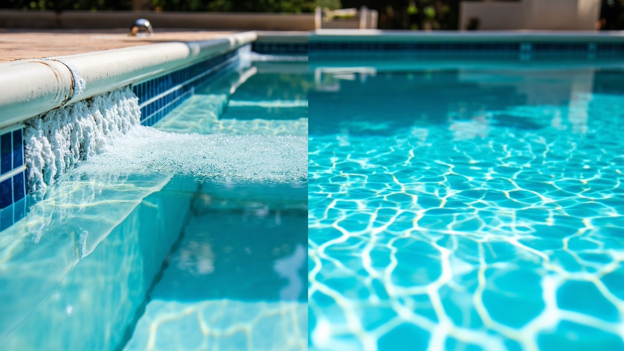 Split frame showing chalky calcium scale from high TA pool vs crystal-clear balanced TA pool