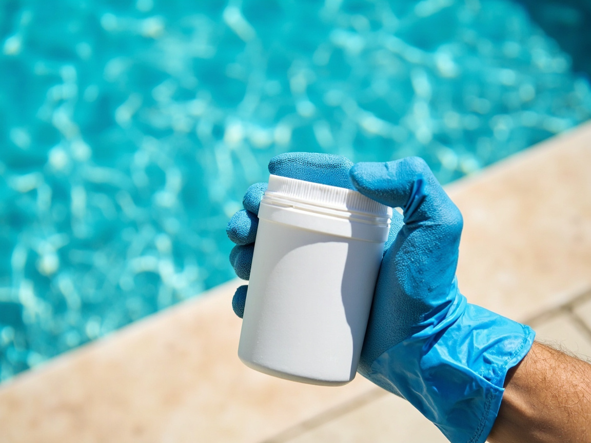 Hand with pool glove holding alkalinity increaser container beside pool deck
