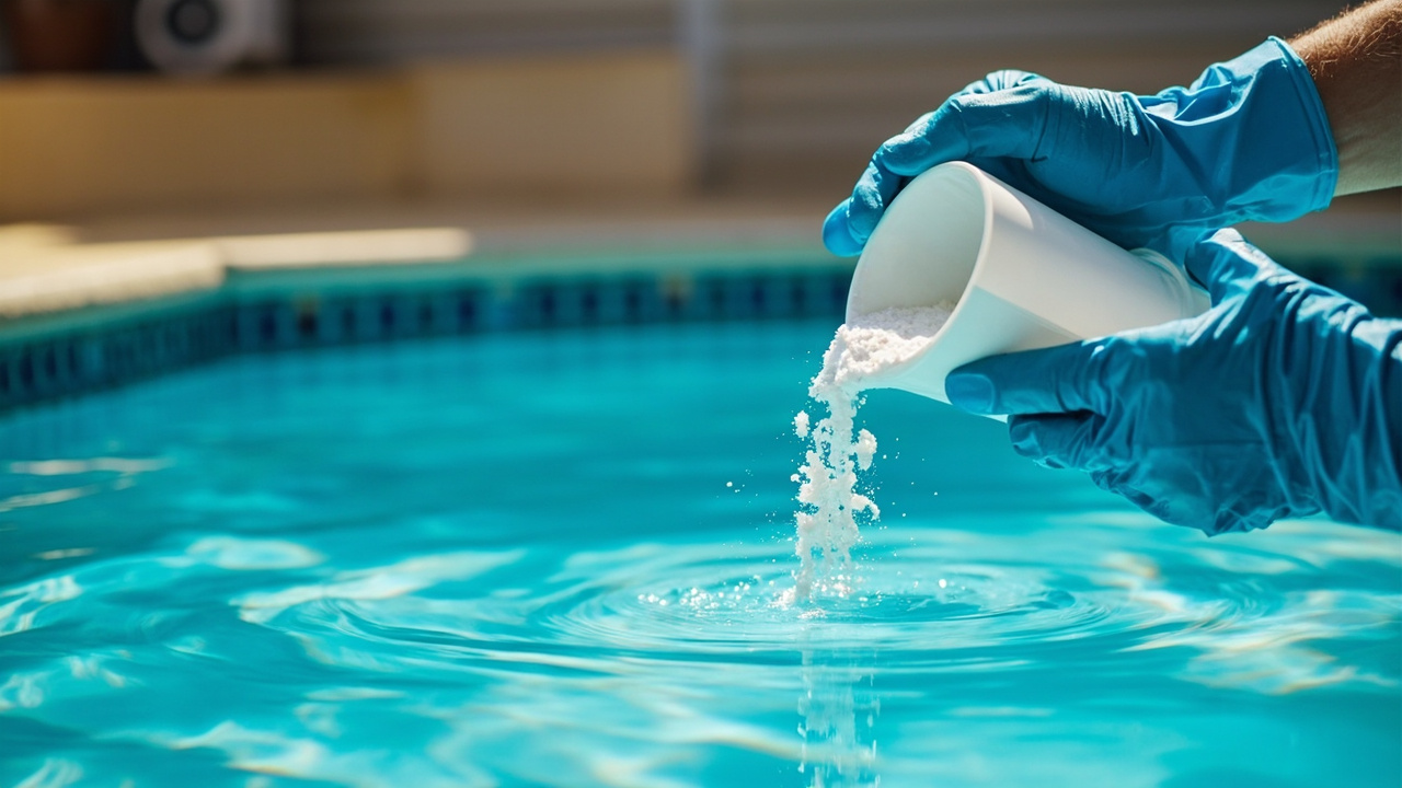 Pool owner pouring sodium bicarbonate powder from measuring cup into pool near skimmer
