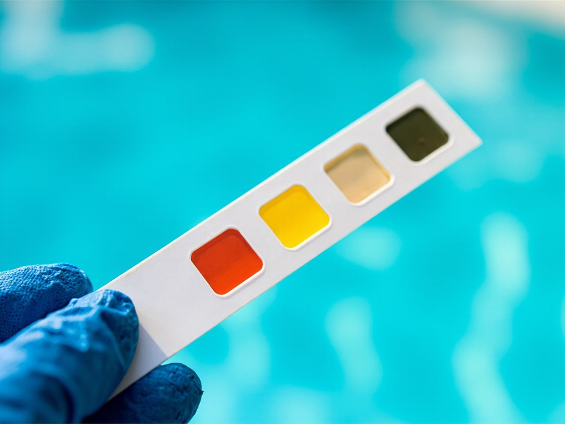 Real pool TA test strip with 4 rectangular reagent pads held by blue-gloved hand, color range showing TA levels