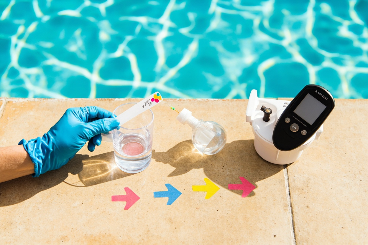 Layered pool testing system using strips for screening, drops for confirmation, and digital measurement when needed