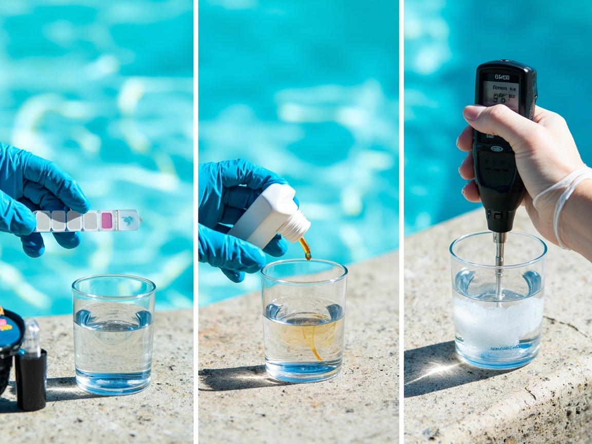 Side-by-side comparison of pool test strips, reagent drops, and a digital water tester