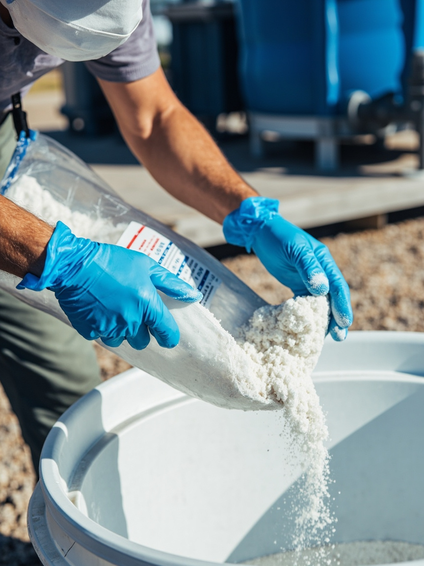 Person wearing N95 mask and gloves measuring DE powder into a slurry bucket safely