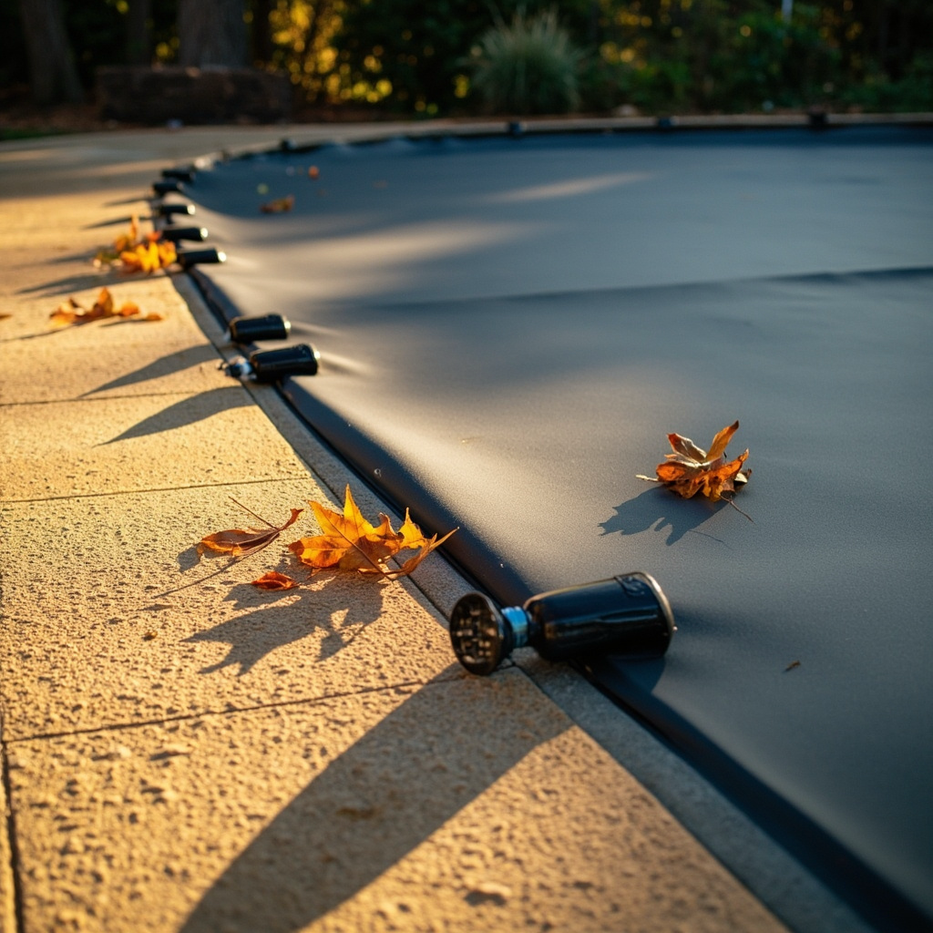 Pool sealed under solid dark gray safety cover with water tube weights around perimeter on tan concrete deck