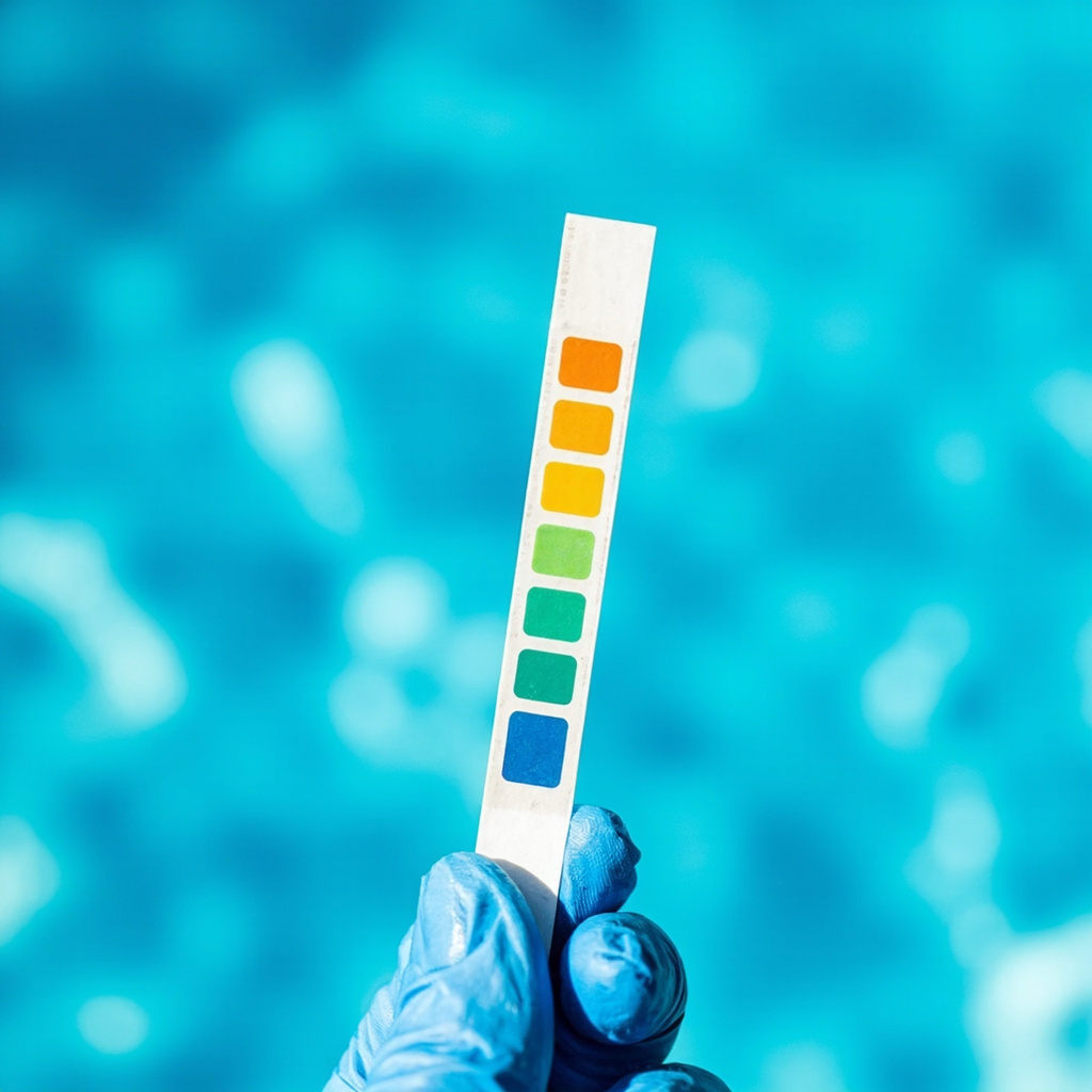 Close-up of an illustrative strip with seven colored pads held by a blue-gloved hand