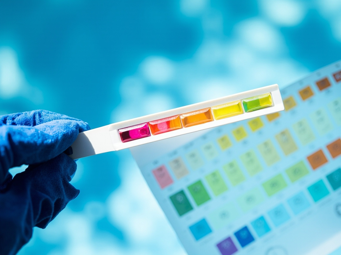 Gloved hand holding a pool test strip beside a color chart against a sunlit blue pool background