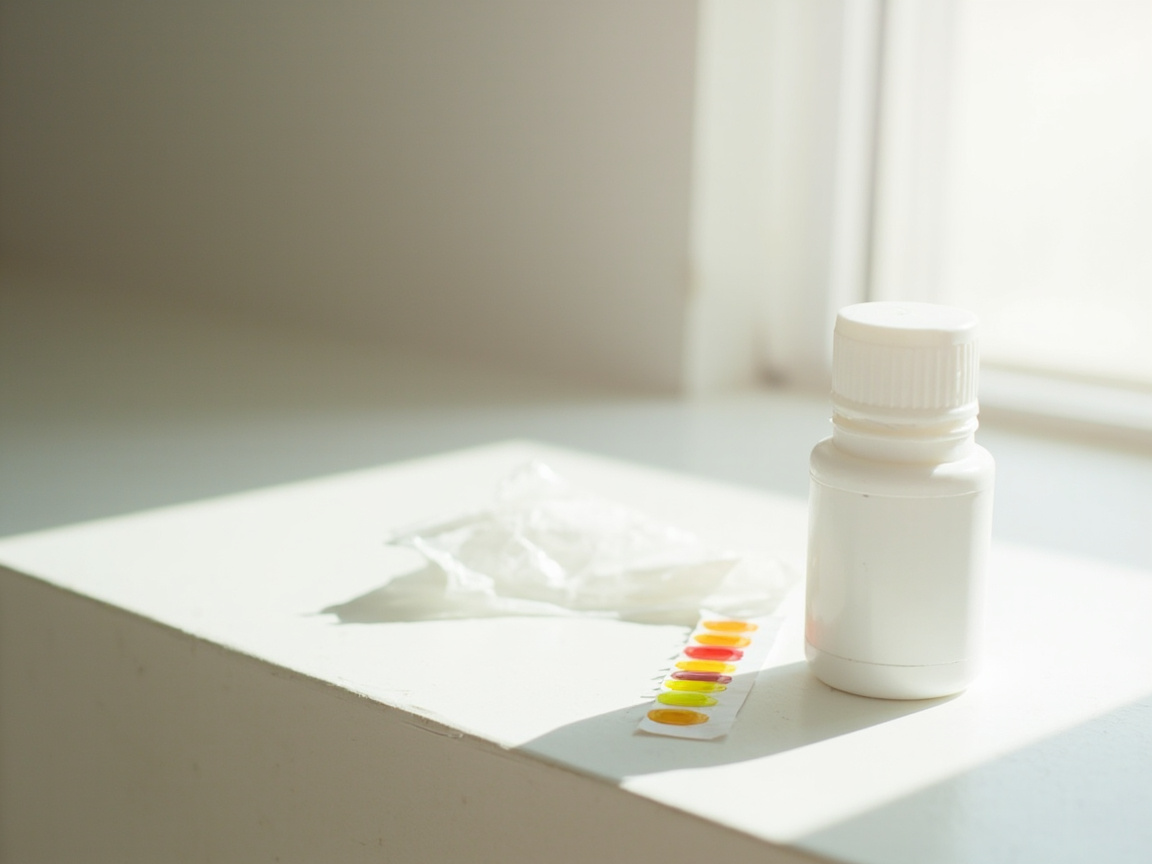 Closed white bottle, color-pad test strip, and small packet on a dry indoor shelf