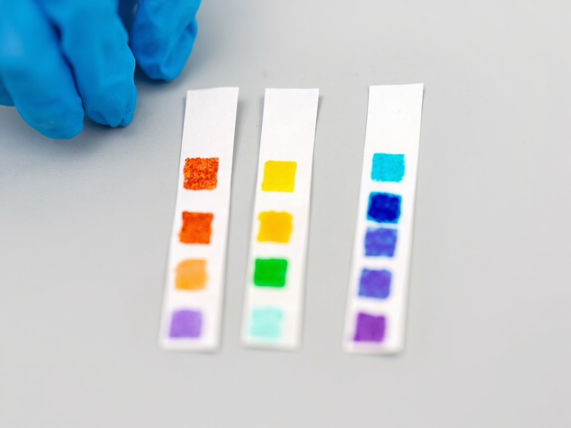Three pool test strips with four or five colored reagent pads arranged side by side on a gray surface