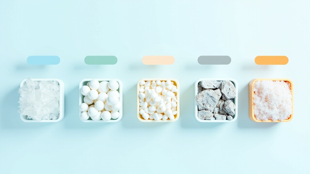 Salt grades comparison table showing six types of salt with purity, granule size, dissolve speed, and SWG compatibility