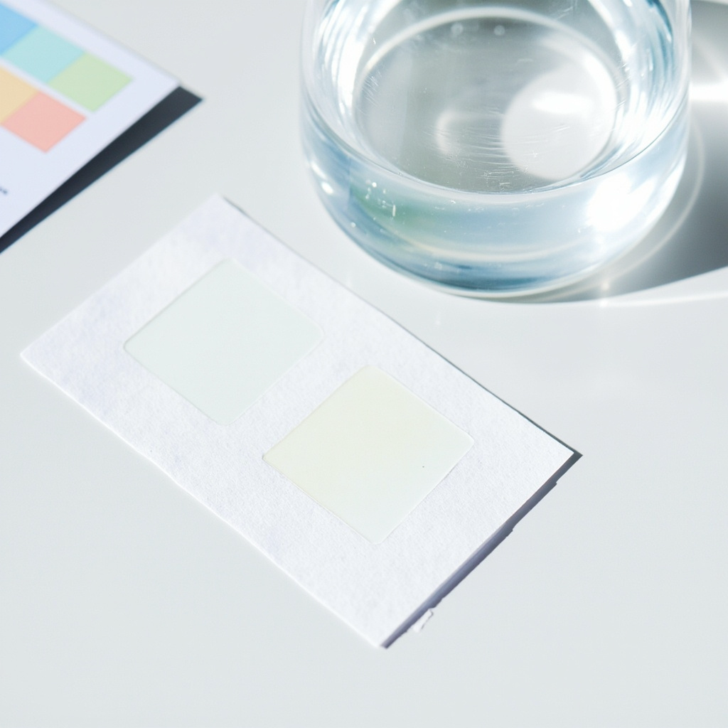 Salt test strip dipped into a beaker of pool water with reference color chart visible