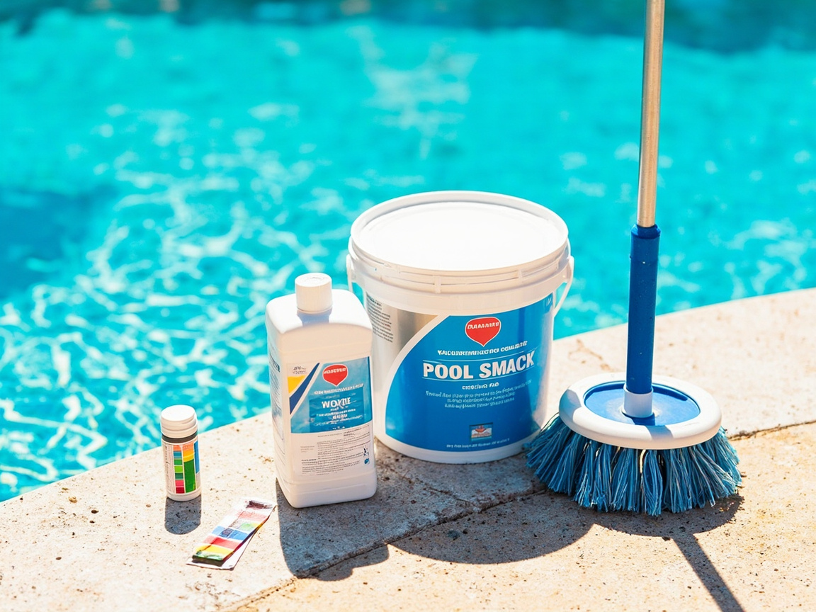 Pool maintenance gear on deck: test strips, shock bucket, and pool brush with telepole