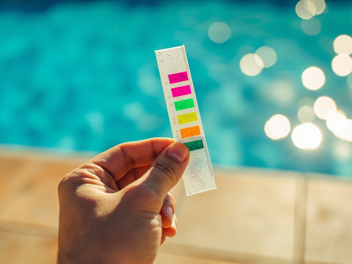 Hand holding a pool test strip with colored indicator blocks visible, pool water in background
