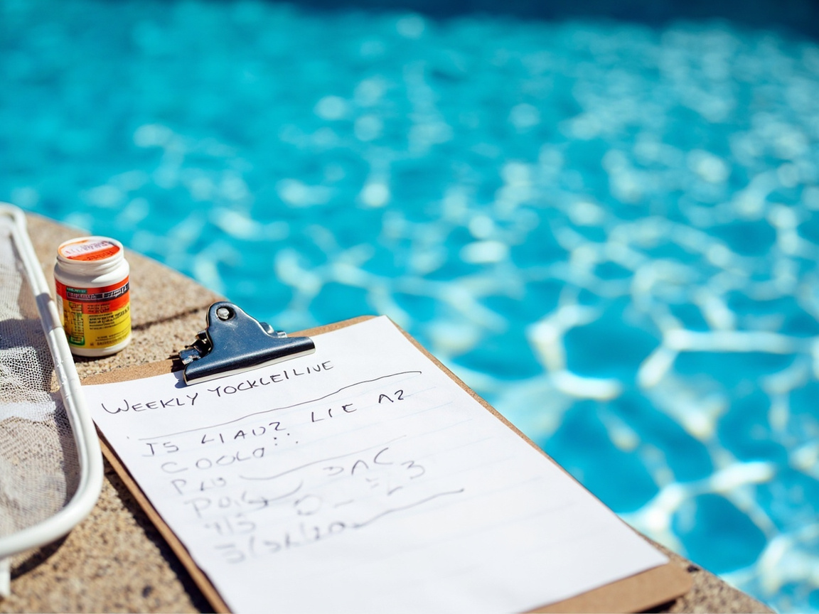 Weekly pool maintenance checklist on clipboard with skimmer net and test strips, clear blue pool in background