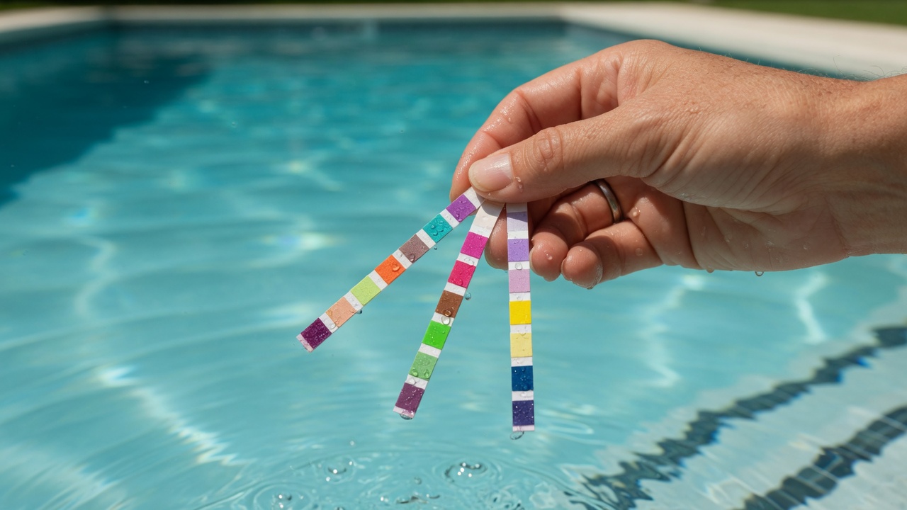 Pool water test strips held over clear blue pool water