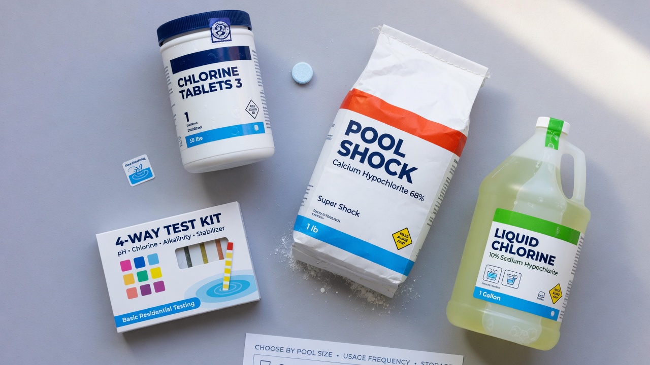 Pool chlorine tablets, shock, liquid chlorine, and a test kit