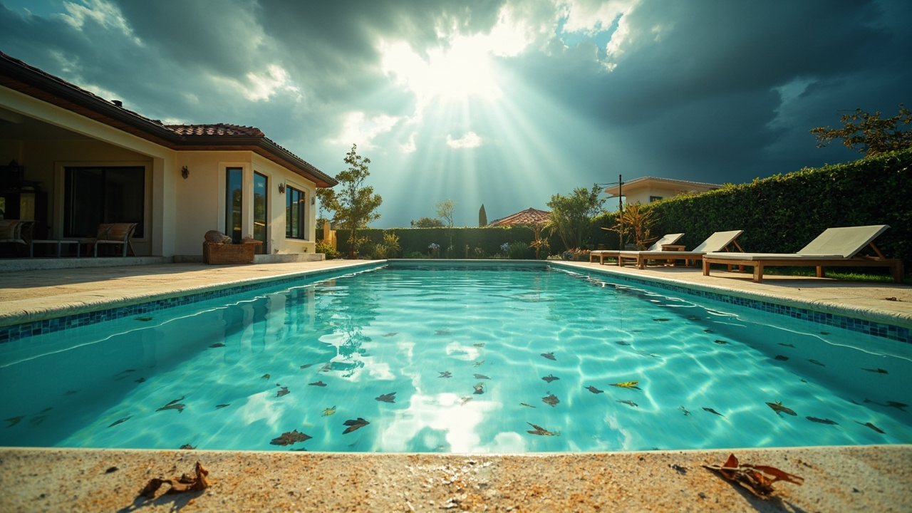 Pool surface after heavy rain with debris