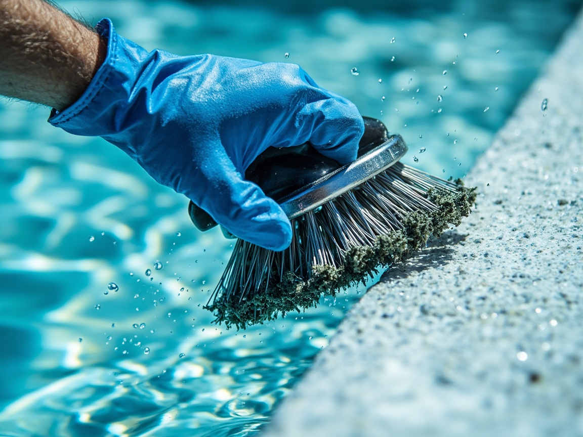Brushing black algae on plaster with a wire brush