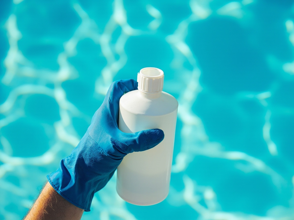 Gloved hand holds a white clarifier bottle over a pool deck, ready to dose enzyme clarifier for routine maintenance