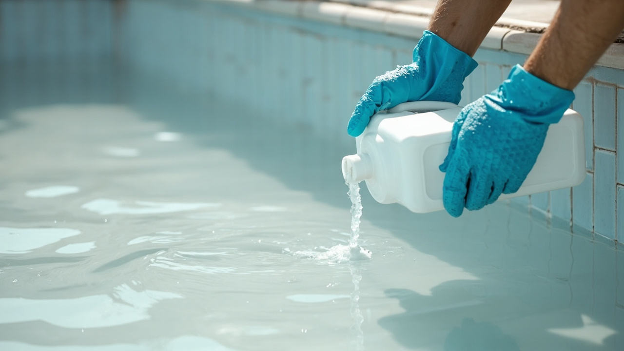 Pool owner in blue gloves pours clarifier along the pool edge with the pump running; the water is visibly hazy