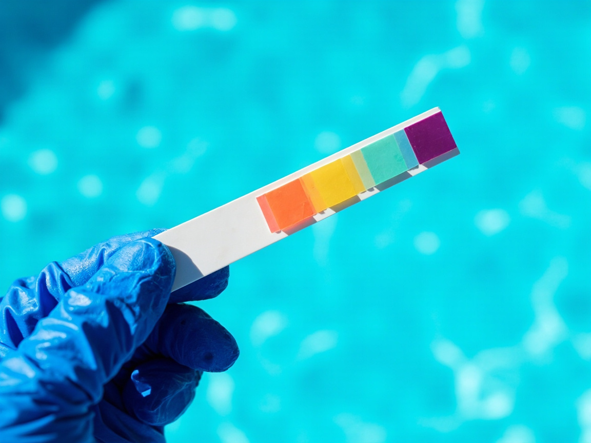 Gloved hand holds a multi-test strip showing pink FC, orange pH, teal TA, and purple CYA pads for cloudy water diagnosis