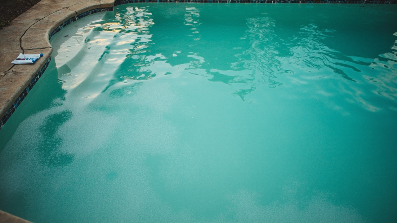 Green pool water post-shock with chlorine bucket