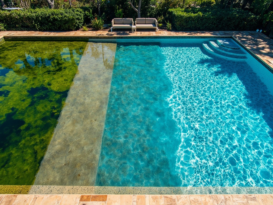 Pool water transitioning from green cloudy to gray-blue haze to crystal clear blue after clarifier treatment and filtration