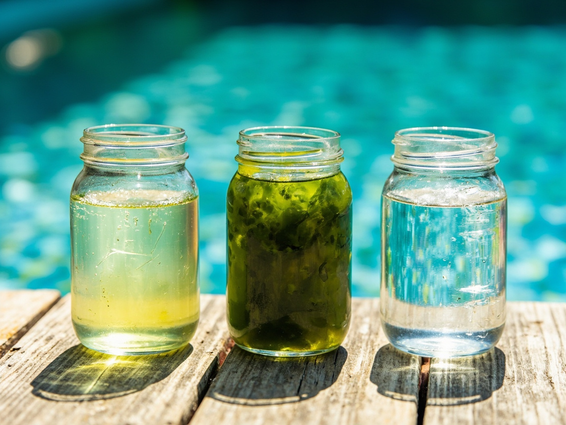 Three glass jars showing light green, opaque algae green, and clear metal-tinted green pool water